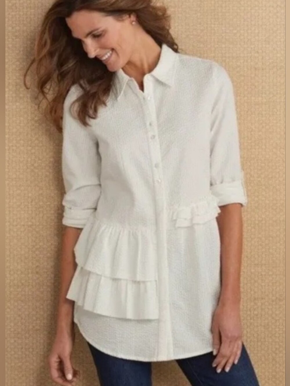 Soft Surroundings Cream Textured Ruffle Hem Button-Up Blouse